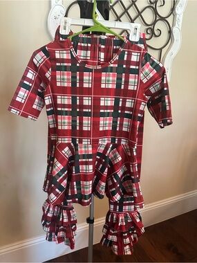 Girls' Red Plaid Peplum Short Sleeve Top and ruffle bottom pants